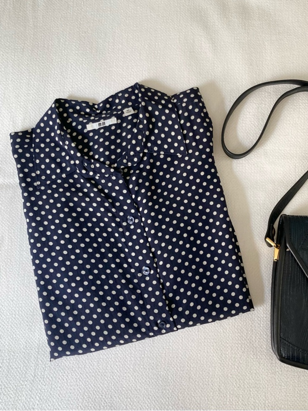 Uniqlo Navy Polka Dot Silk Button Up Shirt Blouse